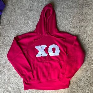 Red Chi Omega sweatshirt with white sparkly letters - size small